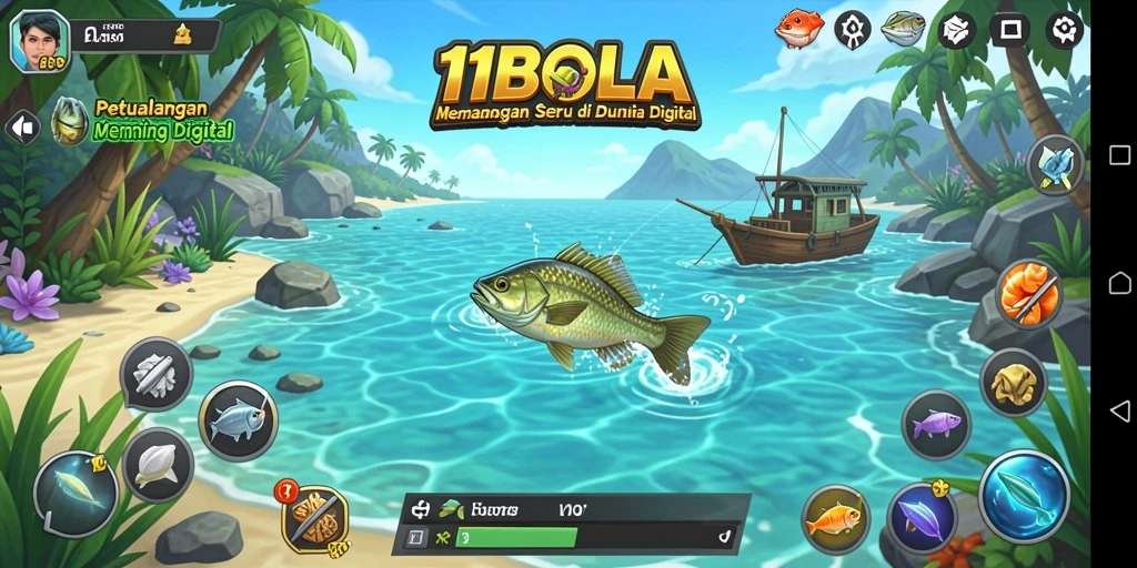 Tampilan gameplay <strong>11BOLA</strong> menampilkan aksi memancing yang seru dan menegangkan.