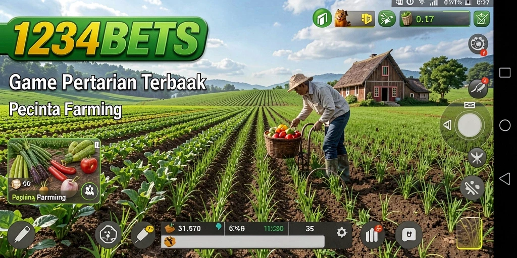 Tampilan gameplay <strong>1234BETS</strong> dengan lahan pertanian yang subur dan hewan ternak.