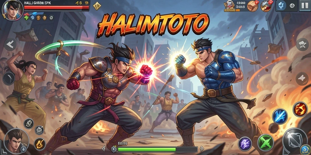Screenshot menunjukkan pertarungan seru antara karakter dalam HALIMTOTO.
