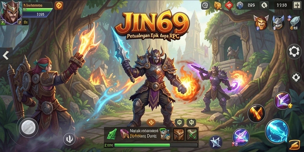Screenshot menunjukkan pertarungan epik dalam gameplay RPG JIN69.